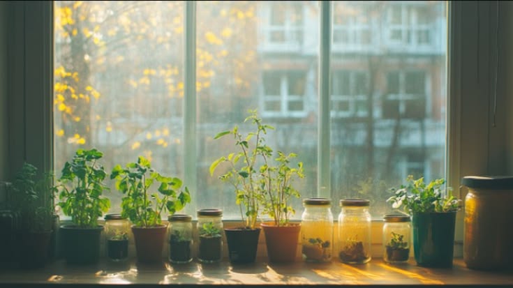Potted herbs and seedlings growing on a sunny apartment windowsill
